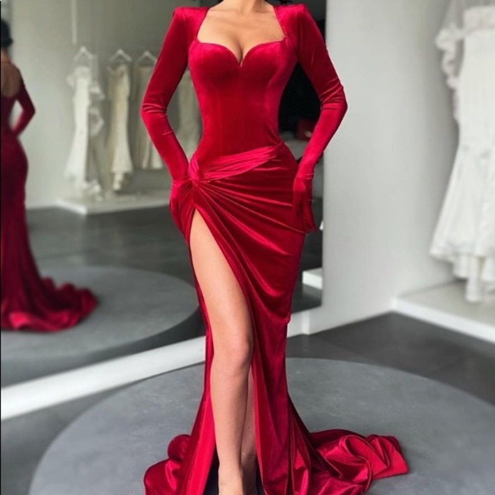 Red Slit Dress with Attached Gloves